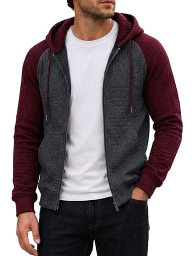 Men's Lightweight Waffle Knit Jacket Zip Up Long Sleeve Casual Plaid Jacquard Sweatshirt Warm Hoodie with Pocket - Image 1
