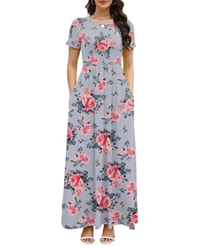 COSSEN Women’s Crewneck Short Sleeve Maxi Dress Blue Print XX-Large with Pockets – Casual Loose Swing Sundress for Wedding Guest, Beach & Vacation - Image 1