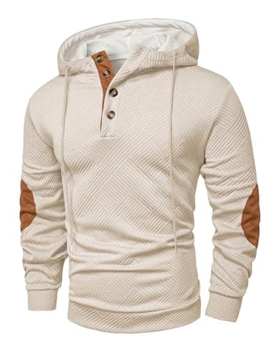 JMIERR Hoodies for men Casual Cotton Textured Long Sleeve Quarter Collar Drawstring Button Pullover Hooded Early Fall Fashion Sweatshirts, S, Beige - Image 1