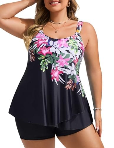 Hanna Nikole Plus Size Two-Piece Bathing Suit Tankini Set with High-Waisted Shorts Pink Flower 20 Plus - Image 1