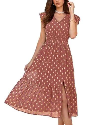 GRACE KARIN 2026 Womens Summer Dresses V Neck Ruffle Sleeve Floral Boho Beach A-Line Dress Light Brick Red-Gold Dots Medium - Image 1