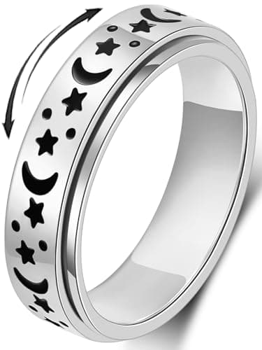 MHWTTY Anxiety Ring for Women Fidget Toys Adults Ring Stainless Steel Spinner Rings Moon Star Fidget Rings Gift for Women Men Silver Size 6 - Image 1