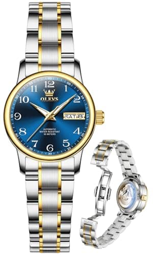 OLEVS Self Winding Watches for Women Luxury Blue Face Automatic Womens Watch Two Tone Waterproof Mechanical Dress Silver Ladies Watches for Small Wrists Elegant Casual Female Watch Reloj para Mujer - Image 1