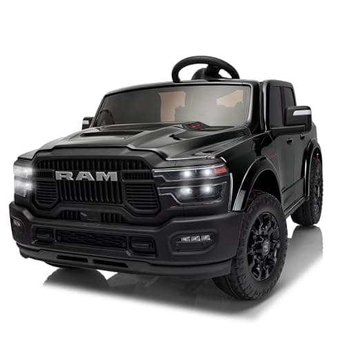 KerryYoo SQ7 Licensed RAM 24V Ride On Truck for Kids, 2 Seater Electric Car with Parent Remote Control, Spring Suspension, Seat Belts, Storage Bed, LED Lights, Music - Black