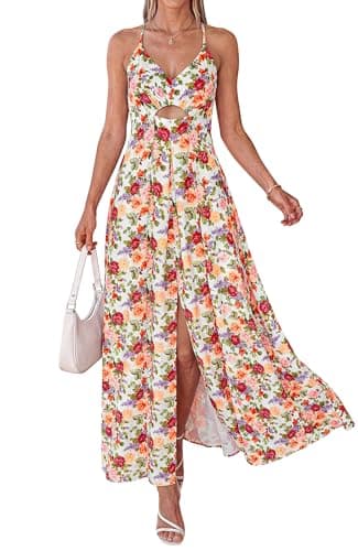 BTFBM Summer Dresses for Women 2026 Spring Floral Spaghetti Strap Smocked Cutout Maxi Dress Resort Beach Vacation Outfit(Floral White Multi, Large) - Image 1