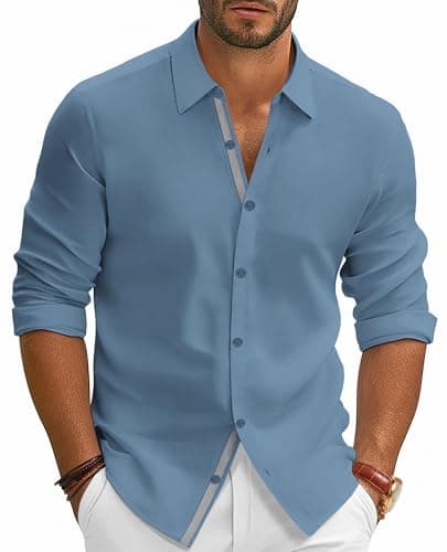 PJ PAUL JONES Untuckit Shirts for Men Long Sleeve Dress Shirt Slim Fitted Casual Button Down Shirts Gray Blue XL - Image 1