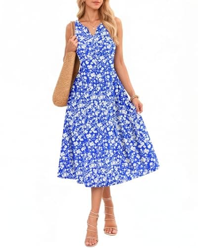 MISFAY Women's Sleeveless A-Line Maxi Dress with Pockets — Pleated Flowy Sundress for Summer Beach and Vacation(Floral Blue White,XL) - Image 1