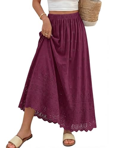 dowerme Women Summer Maxi Skirt Cute Elastic High Waist Boho Eyelet A-Line Cotton Flwoy Long Skirts Spring Clothes 2026(Burgundy,X-Large) - Image 1