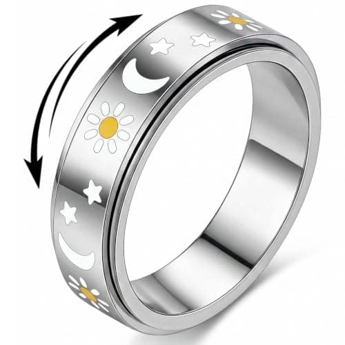 Fidget Toys Adults Ring for Women - Anxiety Stress Relief Items Quiet Spinner Gift for Birthday Sun Moon Star Rotating Jewelry Stainless Steel Silver Size 7 - Image 1