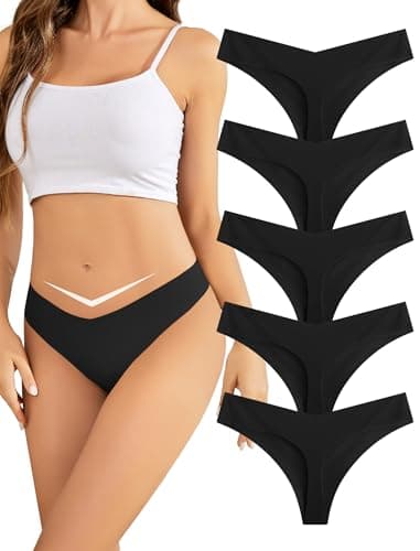 voenxe Seamless Women Underwear Thong,Low Rise No Show Ladies Panties,V Waist Cut No Line Workout Brief Comfortable 5-Pack Black - Image 1