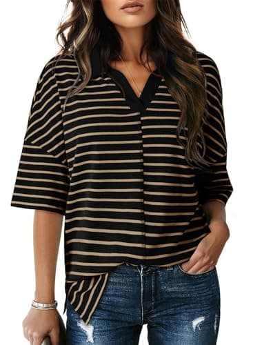 Dokotoo Summer Short Sleeve Shirts for Women 2026 Summer T Shirts for Women Dressy Casual Black Striped Trendy Polo Shirts Cute Crop Tops Womens Blouses Color Block Womens Clothes Clothing L - Image 1