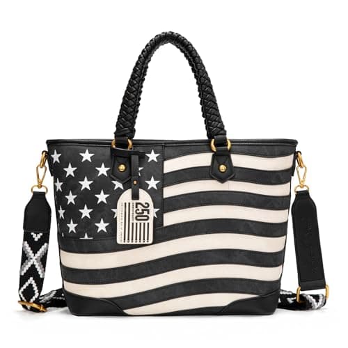 Montana West American Flag Tote Bag for Women Vintage Patriotic Western Shoulder Purse with Braided Top Handles and Crossbody Strap for Work Travel Everyday Use MW-HB-1385G-8317BK - Image 1