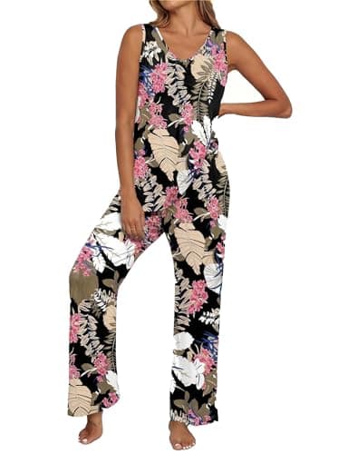 PrinStory Womens Pajama Sets Soft Knit Pjs 2 Piece Sleeveless Pajama Set Summer Lightweight Pj with Pockets Big Leaf Pink-2XL - Image 1