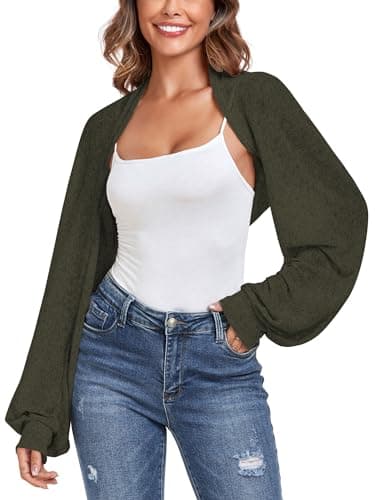 ZAFUL Women's Long Sleeve Open Front Knitted Crop Cardigan Sweater Shrug Olive Green-1 2XL