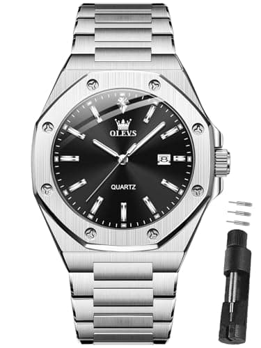 OLEVS Black and Silver Watches for Men Luxury Stainless Steel Dress Mens Silver Watch with Black Face Minimalist Casual Large Dial Man Wrist Watches with Date Reloj De Hombre - Image 1