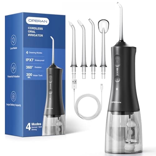 Operan Portable Water Flossers for Teeth, 300ml Water Dental Flossers for Adults, Kids, Braces Care, 4 Modes Water Picks for Teeth Cleaning and Flossing, Oral Irrigator Kit with 4 Tips, Black + 1Pack - Image 1