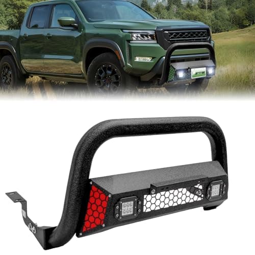 Partree Bull Bar Fit for Nissan Frontier 2022 2023 2024 2025 with LED Light & w/License Plate Bracket DIY Paintable Front Bumper Brush Push Bar Grille Guard Protector - Image 1