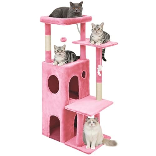 FURFAST Large Cat Tree Tower, 50 Inch Multi-Level Tower Cat Tree for Indoor Cats Large Adult, Cat Tower with Scratching Post, with Climbing Ladder, 2 Cat Caves Bed Cave, Cat Toys, Cat Houses,Pink - Image 1