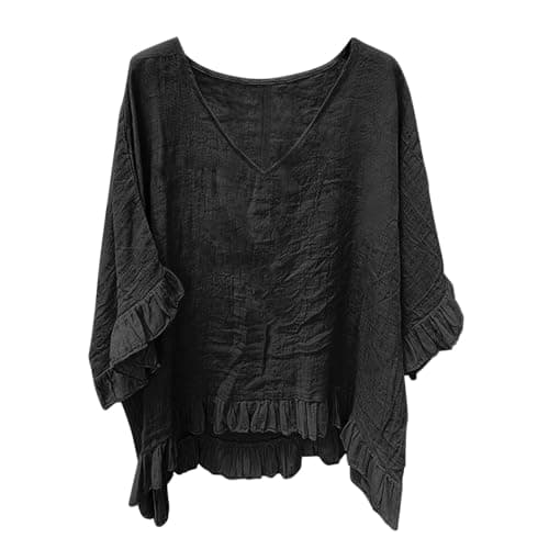 Womens Summer Tops 3/4 Sleeve, V Neck Casual Loose Fit Ruffle Sleeve Blouse for Women, Lightweight Trendy Flowy Vacation Women's T Shirt 2026 Black M - Image 1