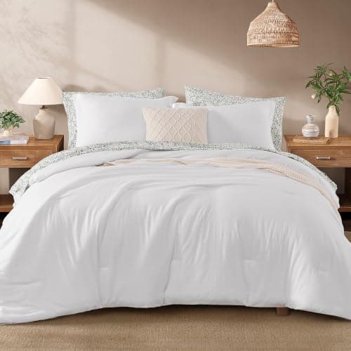Monbix Queen Comforter Set - 7 Pieces White Prewashed Bed in a Bag Queen Bedding Sets with Comforters, All Seasons Ultra Soft Comforter Bed Set with Sheets, Pillowcases & Shams - Image 1