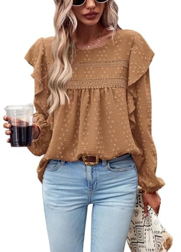 PRETTYGARDEN Spring Tops for Women 2026 Ruffle Sleeve Blouses Swiss Dot Crochet Loose Fit Tunic Dressy Casual Business Work Shirts (Brown, XXL) - Image 1
