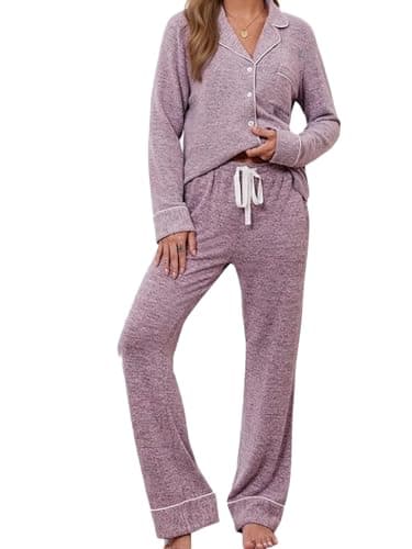Anjue Womens Pajama Set Long Sleeve Sleepwear Soft Loungewear Button Down Pjs Set Pink Pajamas(Pink,XXL)