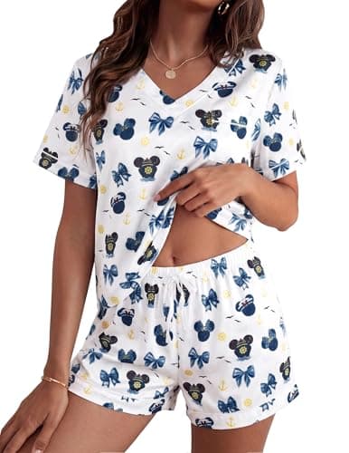 ASTANFY Pajamas for Women Set Two Piece Cherry Graphic Pjs Satin Princess Sleepwear Summer V Neck Short Sleeve Loungewear - Image 1