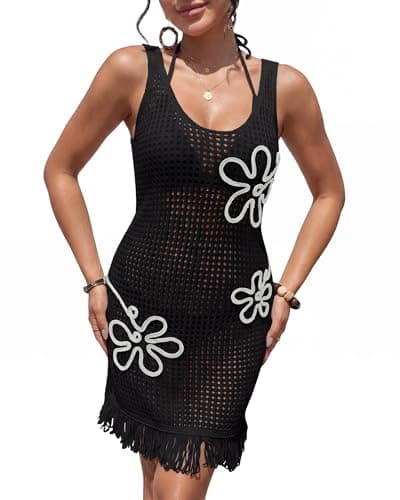 Bsubseach Women's Women Crochet Beach Cover Up,3D Floral Embellished Mesh Knit Bathing Suit Coverups for Summer Vacation Black - Image 1