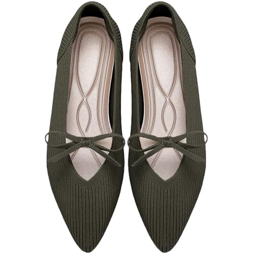 TINGRISE Women's Flats Mary Jane Pointed Toe Dressy Comfortable Knit Washable Ballet Flats Business Casual Dress Shoes Green US8 - Image 1