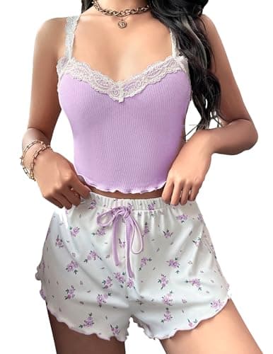 Girece Pajamas for Women Set Shorts Summer Lounge Sets Lingerie Sexy Sets Cute Pjs Floral Lace Trim Sleepwear Comfy Night Wear(Purple,XXL) - Image 1