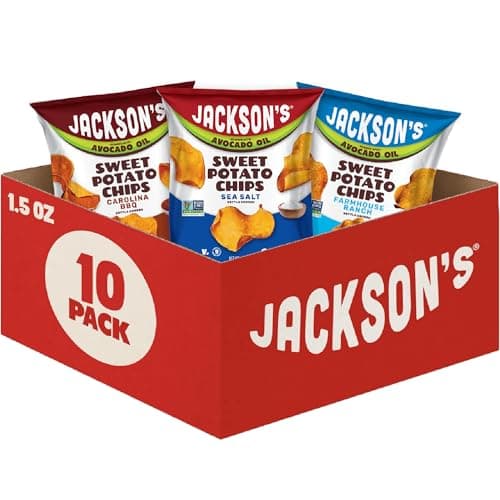 Jackson’s Sweet Potato Kettle Chips Avocado Oil Variety Pack made with Premium Oils (1.5 oz, Pack of 10) Sea Salt, Ranch and BBQ Flavors - Allergen-friendly, Gluten Free, Vegan - Image 1