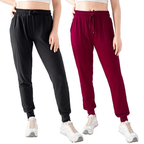TRIUNION 2 Pack Women's Joggers Pants with Pockets Drawstring Running Sweatpants for Women Yoga Lounge Pants for Workout,Black/Burgundy,Large - Image 1
