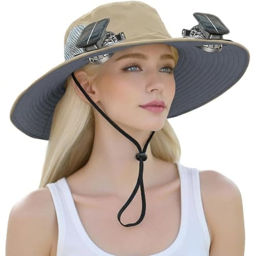 Outdoor Wide Brim Sun Hat with 2 Solar Powered Fan, Bucket Hat for Men Women, Fishing, Gardening & Beach Hat for Men, USB Charging, UPF 50+ Khaki - Image 1