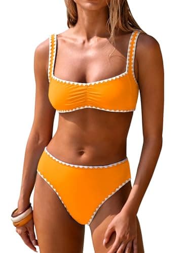 ANRABESS Womens Bikini Sets Two Piece Swimsuit Ribbed Front Ruched Mid Waisted Bathing Suit Color Block 2026 Beach Swimwear Neon Orange XL