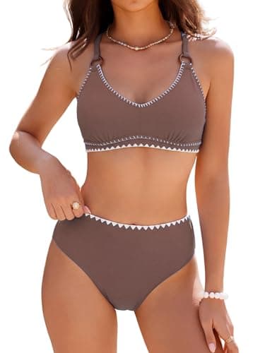 ZAFUL Womens High Waisted Bikini Sets Two Piece Swimsuit Tummy Control Shell Stitch V Neck Modest Bathing Suits Crisscross Tie Back Swim Suit 2026 Swimwear Brown Medium - Image 1