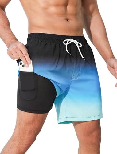 SILKWORLD Mens Swim Trunks with Compression Liner 5 Inch Inseam Swimming Trunk Quick Dry Bathing Suit Zipper Pockets Swim Shorts Swimwear Swimsuit, Black Blue Gradient, X-Large - Image 1
