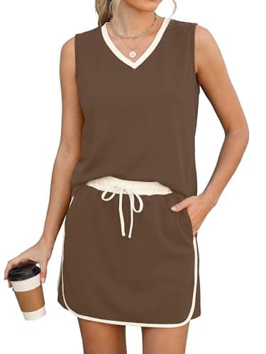Casly Lamiit 2 Piece Skirt Sets for Women Sleeveless Summer Skort Set Athletic Set Vacation Travel Outfits Brown M - Image 1