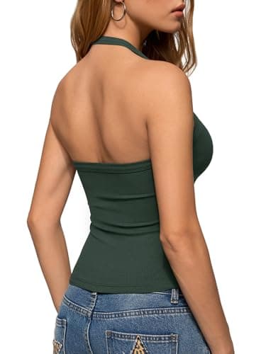 REORIA Womens Backless Halter V-Neck Ribbed Tank Tops for 2026 Slim Fitted Soft Camisole Basic Layering Shirts Dark Green Small - Image 1