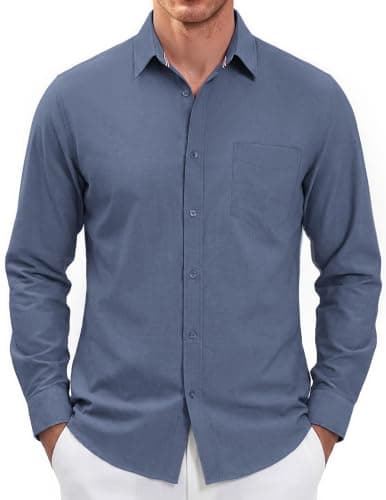 PJ PAUL JONES Men's Long Sleeve Button Down Shirt Wrinkle Free Casual Untucked Dress Shirt Regular Fit Dark Denim Blue - Image 1