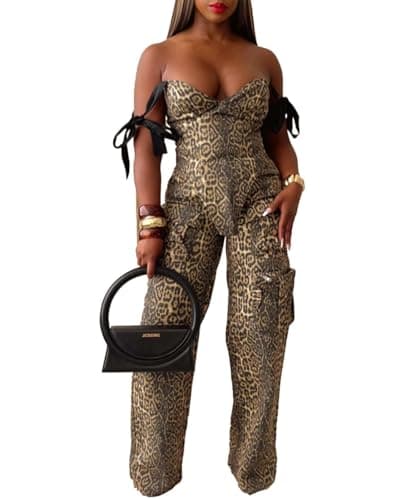 knowfashionstyle Sexy 2 Piece Sets For Women Going Out Sleeveless Croset Top And Wide Leg Pants Set Party Birthday Outfits Leopard M - Image 1