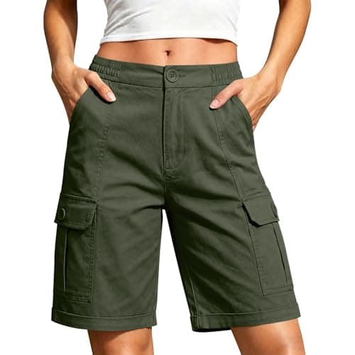 Womens Bermuda Shorts Knee Length, Casual High Waisted Wide Leg Short Women, Relaxed Fit Lightweight Women's Cargo Shorts with Multi Pockets for Summer, Hiking, Fishing, Working Green L - Image 1