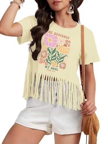 Women Vintage Flowers Shirt Casual Boho Floral Printed T-Shirt Fringe Wildflowers Graphic Tees Top - Image 1