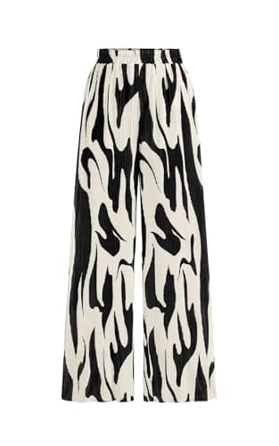 PRETTYGARDEN Graphic Print Palazzo Pants for Women High Waisted Wide Leg Pants Casual Flowy Pajama Pants Women (Black on Beige, Medium) - Image 1