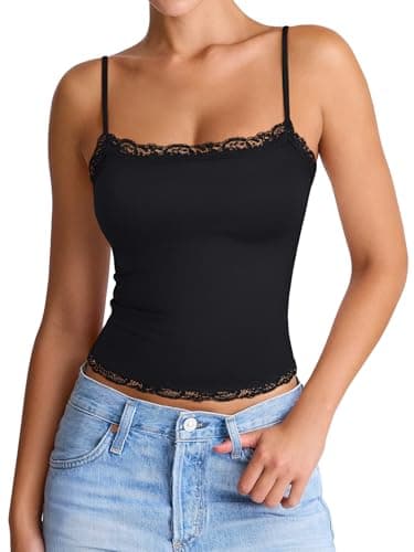 PINKMSTYLE Women's Square Neck Tank Top Adjustable Spaghetti Straps Sleeveless Sexy Lace Tops Summer Y2K Going Out Tops Black X-Large - Image 1