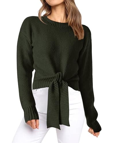 Okiwam Women's Long Sleeve Cropped Sweaters Casual Knit Pullover Tie Front Crew Neck Fall Outfits Spring Fashion Clothes 2026-M Army Green - Image 1