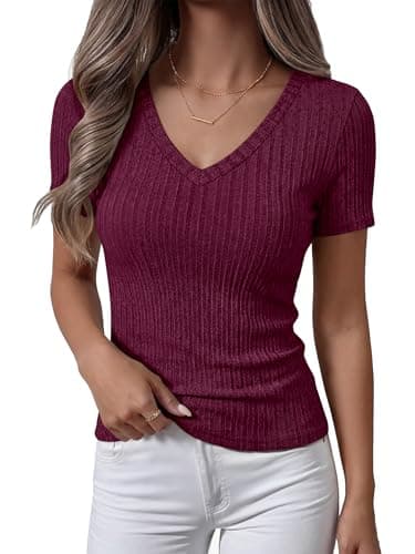 ANRABESS Womens Tops Short Sleeve V Neck Shirts Slim Fit Ribbed Knit Shirt 2026 Summer Dressy Casual Lightweight Sweaters Burgundy Large - Image 1