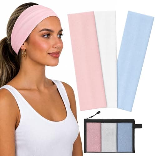 WENNKINN Headbands for Women Non Slip, Soft 95% Cotton Elastic Cloth Hairband for Workout Gym Running Sports, Sweat Wicking Wide Headband, 3 Pack with Bag(Pink, Light Blue, White)