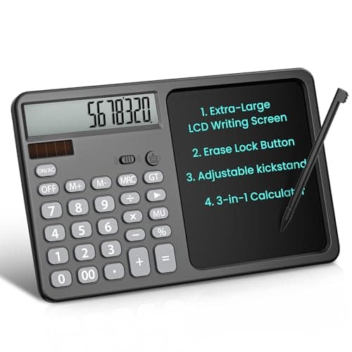Desk Calculator with 7" LCD Writing Tablet, Stable Foldable Kickstand with Ergonomic 15° Viewing Angle, 12-Digit Large Display, Solar & Battery Dual Power, 2-in-1 Notepad Calculator -Black - Image 1