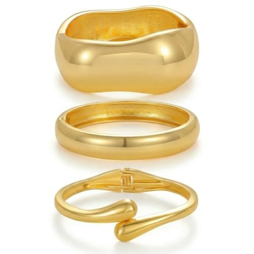 Chunky Gold Bangle Bracelets for Women, 14k Gold Plated Dainty Cuff Stackable Bangles Set, Trendy Bracelet Stack Jewelry Gifts - Image 1