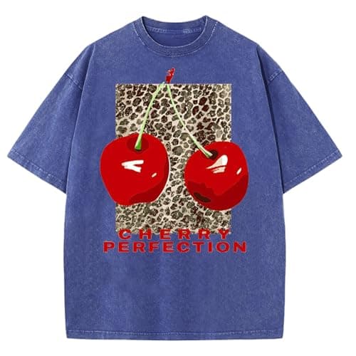 Women's Oversized Graphic Tees Cherry T Shirts Washed Vintage Casual Summer Baggy Cotton Tops Cute Grunge Shirt(Blue-L) - Image 1